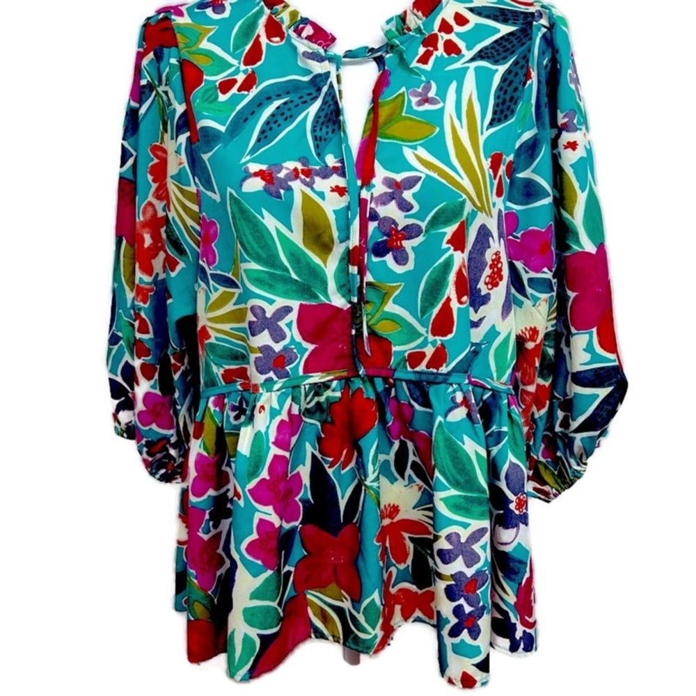 Umgee Green Peplum Blouse with Tie Front and Mandarin Collar